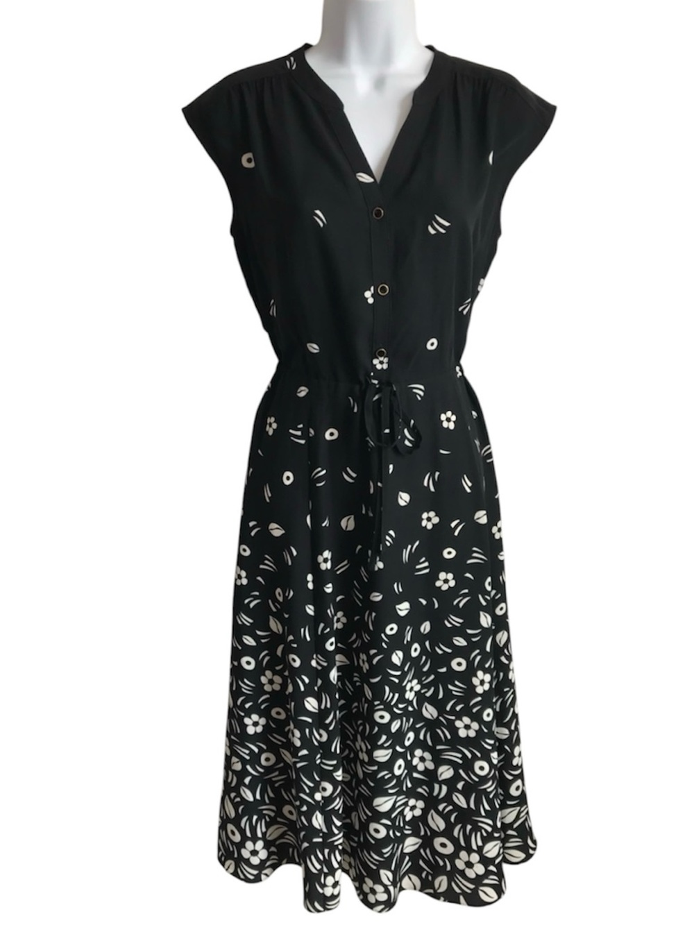 Anne Klein Women’s XS B&W Abstract Floral Print V-Neck Waist Tie Midi Dress NWOT